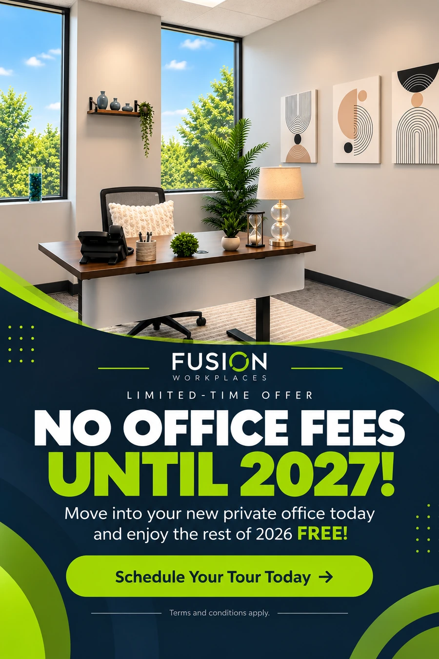 Fusion Workplaces Allentown limited-time offer: no office fees until 2027 — move into your new private office today and enjoy the rest of 2026 free. Schedule your tour today.